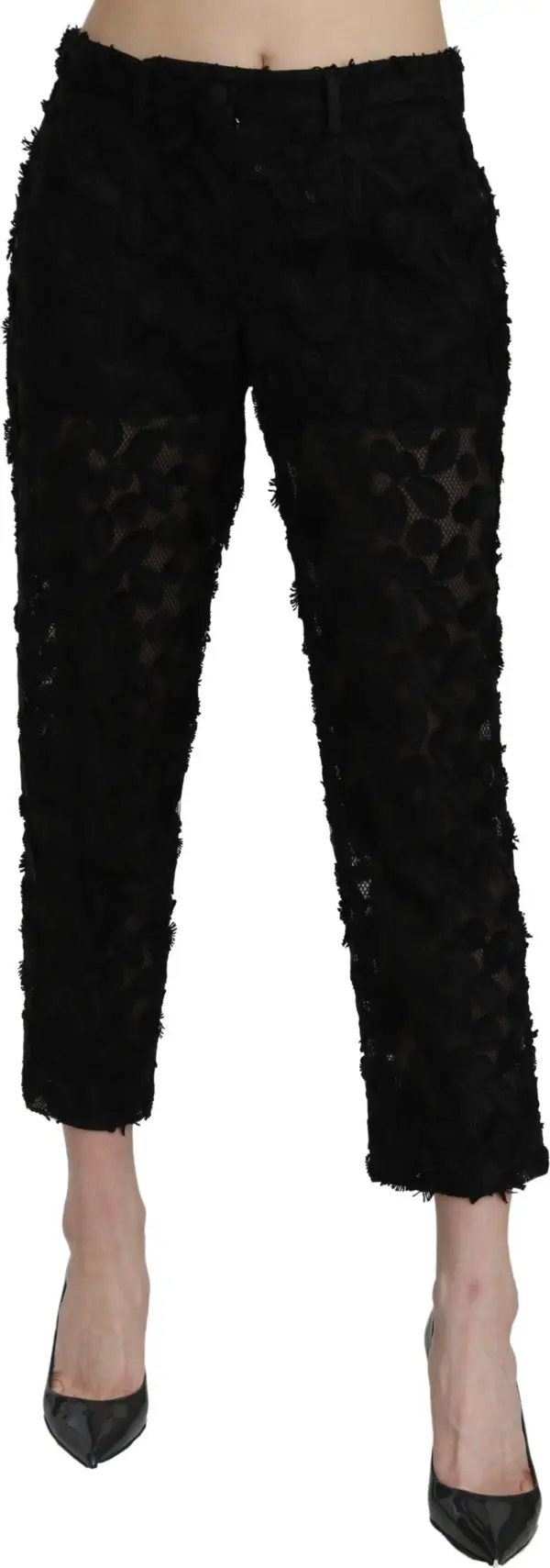 Black Lace Straight Cropped High Waist Pants