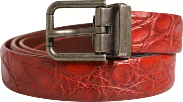 Red Leather Gold Tone Metal Buckle Men Belt