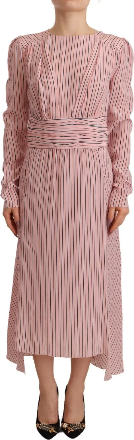 Pink Stripes Long Sleeves Sheath Midi Dress