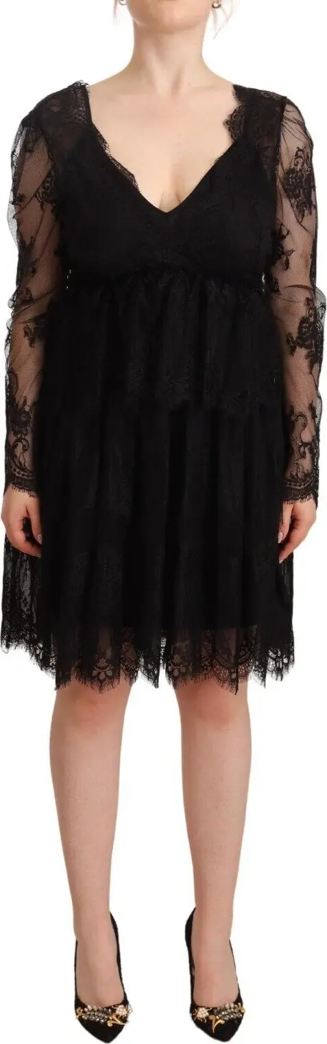 Black Floral Lace Cotton Long Sleeves V-neck Shift Dress
