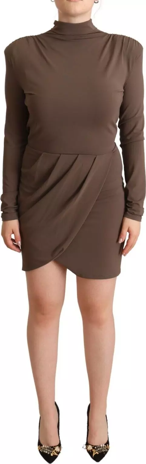 Brown Acetate Long Sleeves Turtle Neck Sheath Dress