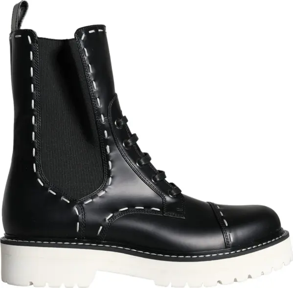 Black Leather Combat Mid Calf Boots Shoes