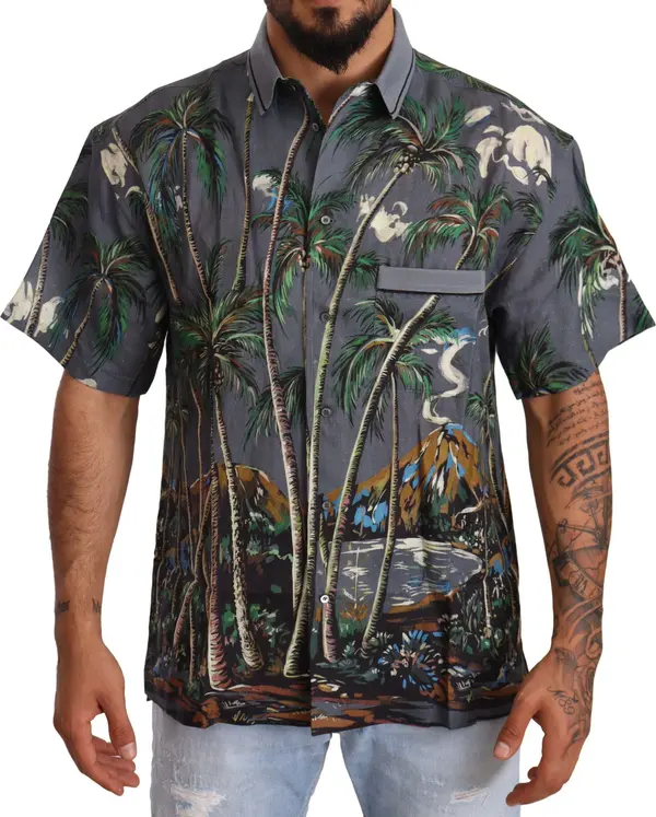 Gray Linen Tropical Print Collared Shirt