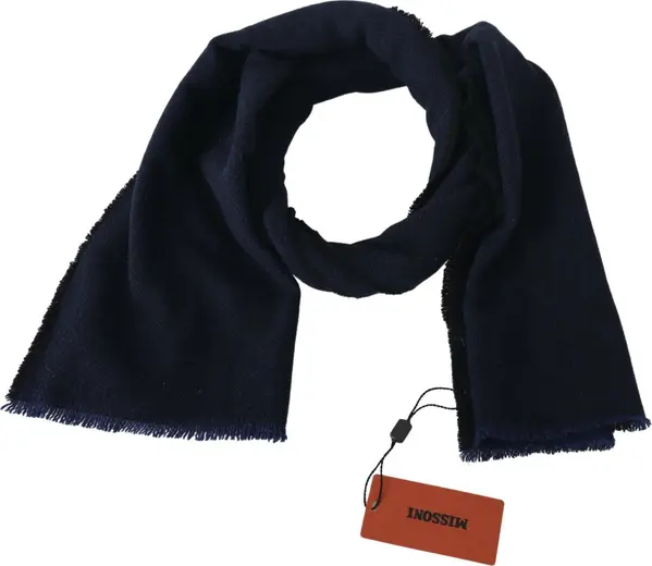 Dark Blue Wool Unisex Neck Wrap Fringes Logo Scarf