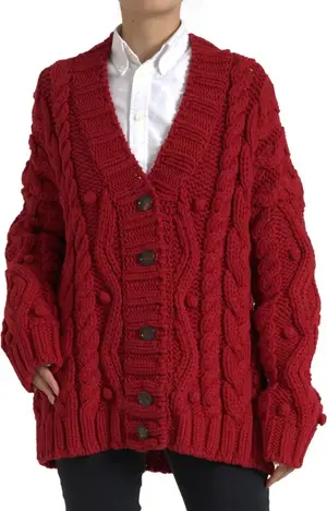 Red Wool Knit Button Down Cardigan Sweater