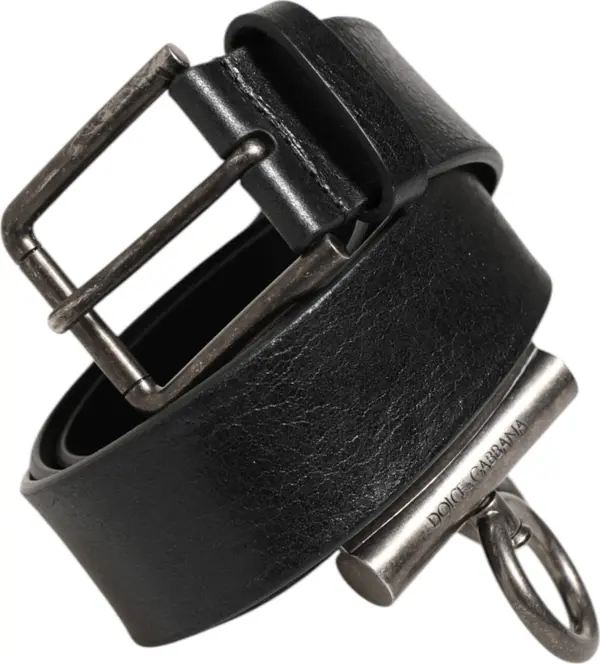 Black Leather Side Rings Brass Buckle Belt