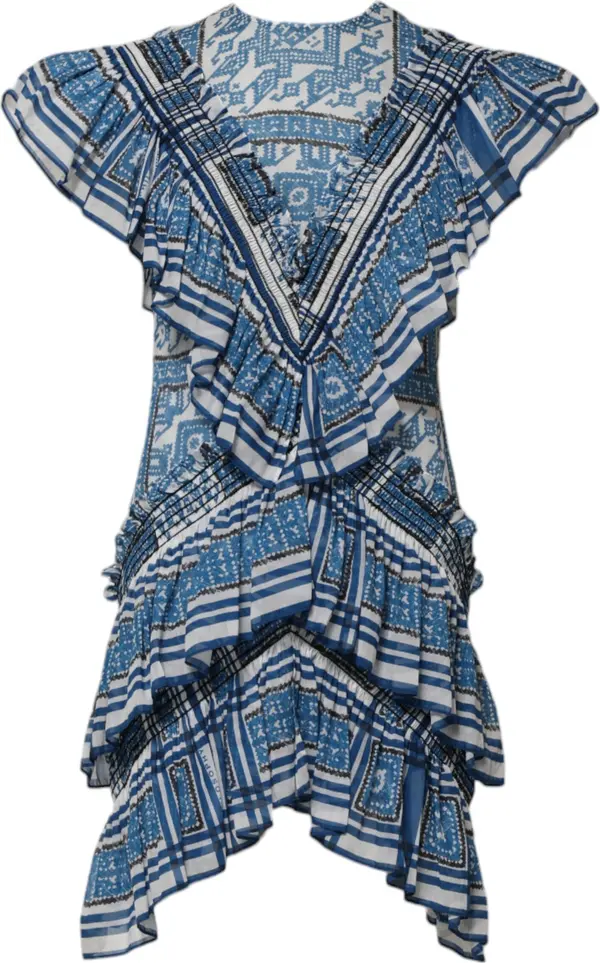 Blue Patterned Layered Short Sleeves Mini Dress