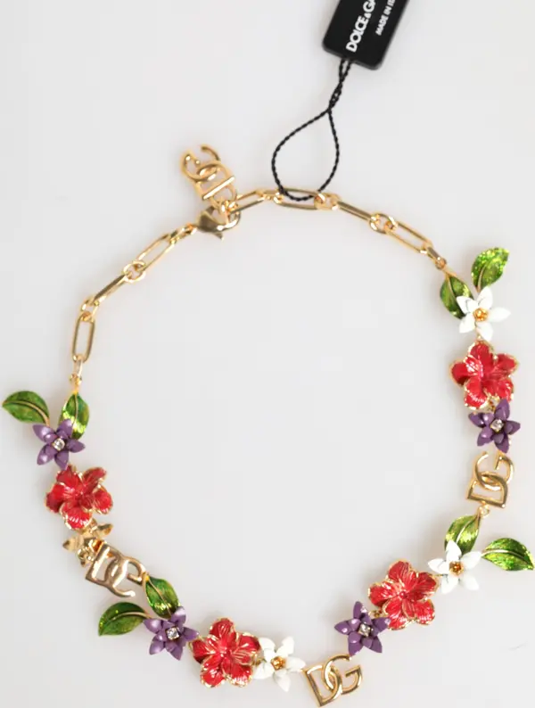 Gold Brass Logo Detail Floral Fashion Jewelry Necklace