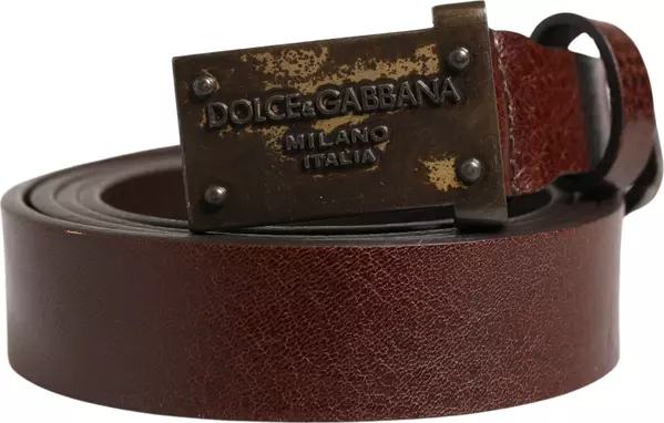 Men Brown Classic Leather Logo Buckle Belt