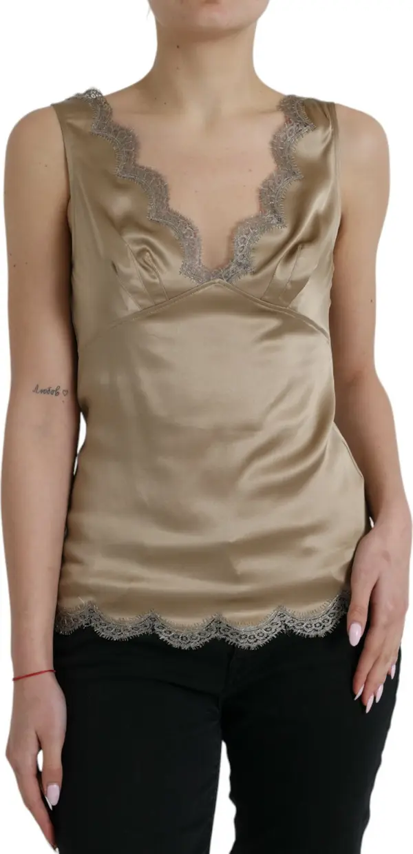 Brown Lace Trim V-neck Sleeveless Tank Top