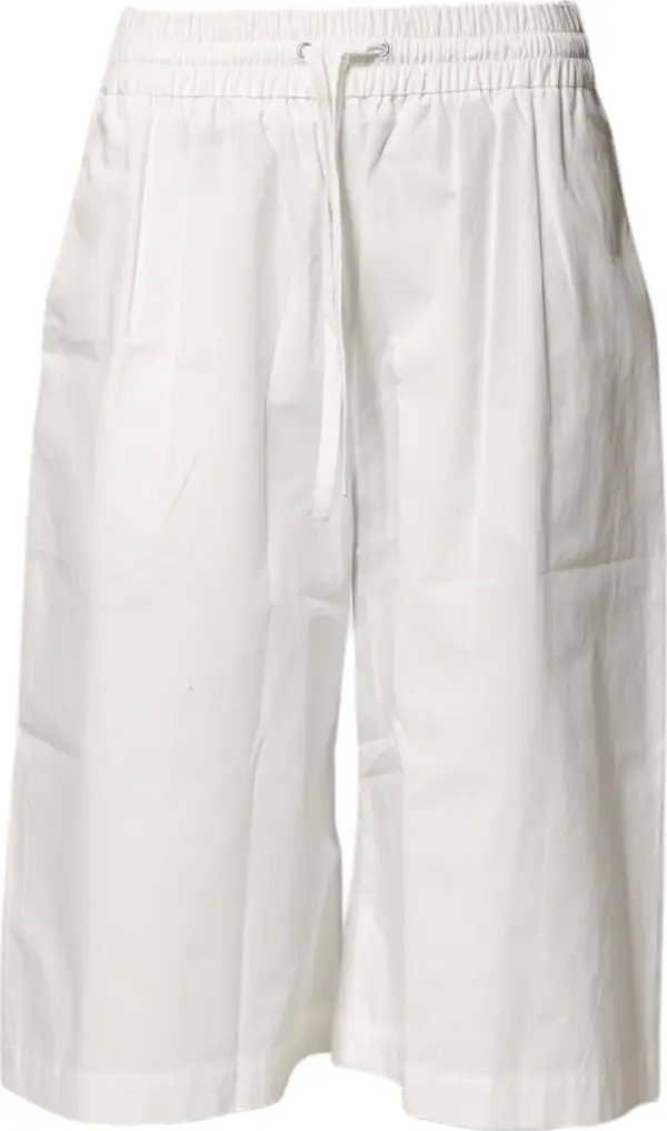 White Cotton High Waist Wide Leg Straight Bermuda Shorts