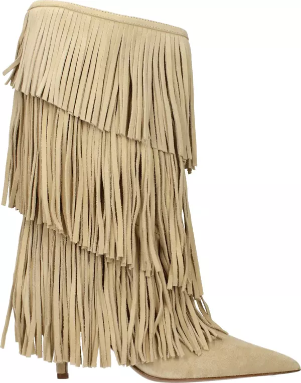 Beige Leather Flat Boots
