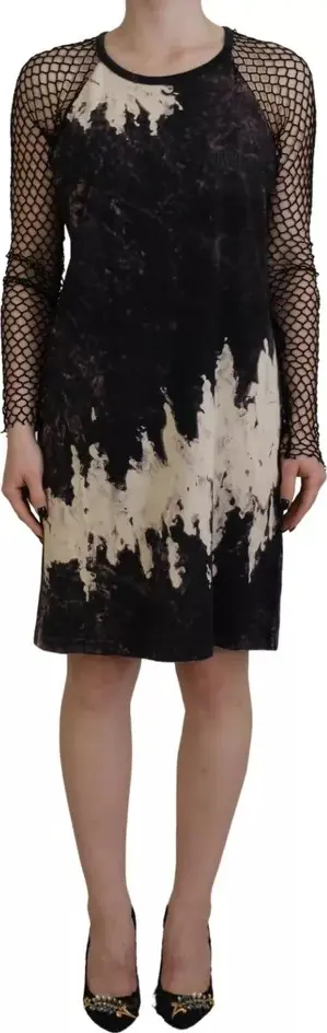 Black Tie Dye Mesh Long Sleeves Cotton Shift Dress