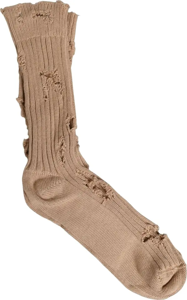 Beige Cotton Distressed Mid Calf Accessory Socks