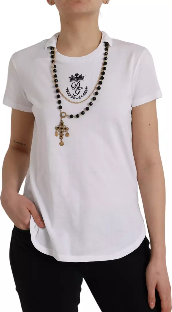 White Cotton Necklace Short Sleeves T-shirt