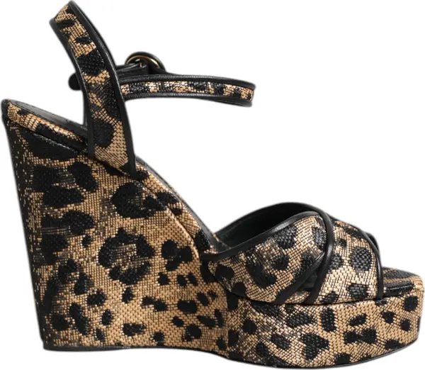 Brown Leopard Wedges Ankle Strap Sandals Shoes