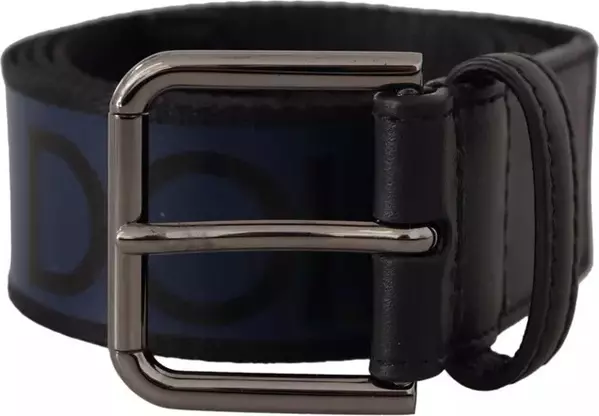 Blue Black Logo Print Silver Buckle Belt