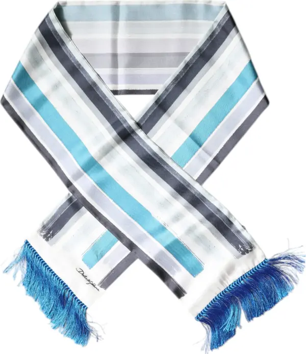 White Blue Stripes Silk Fringes Wrap Scarf