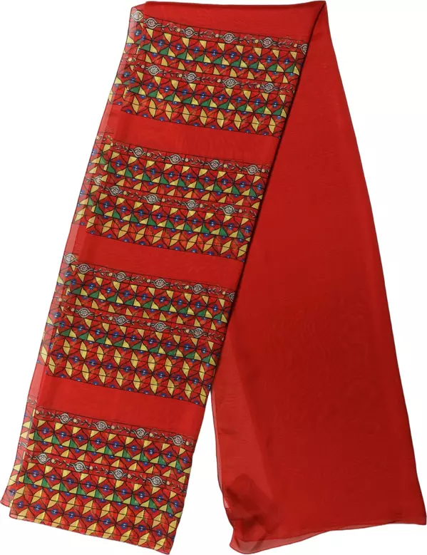 Red Silk Geometric Print Shawl Stole Scarf