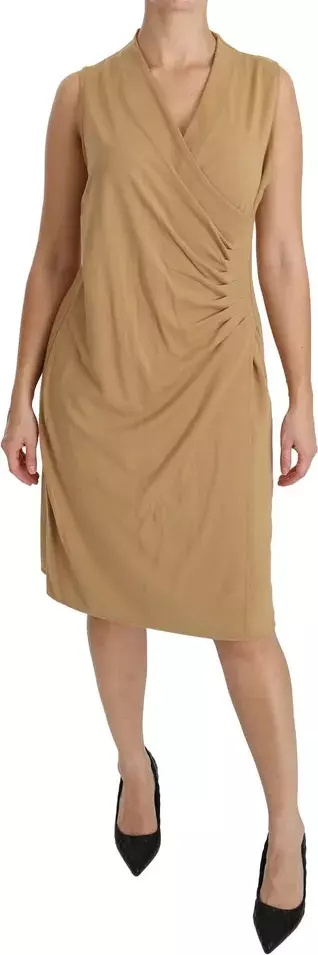Brown V-neck Shift Knee Length Viscose Dress