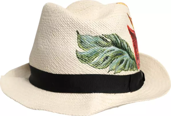 Beige Floral Print Straw Wide Brim Fedora Hat