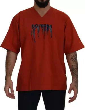 Red Logo Embroidery Crewneck Cotton T-shirt
