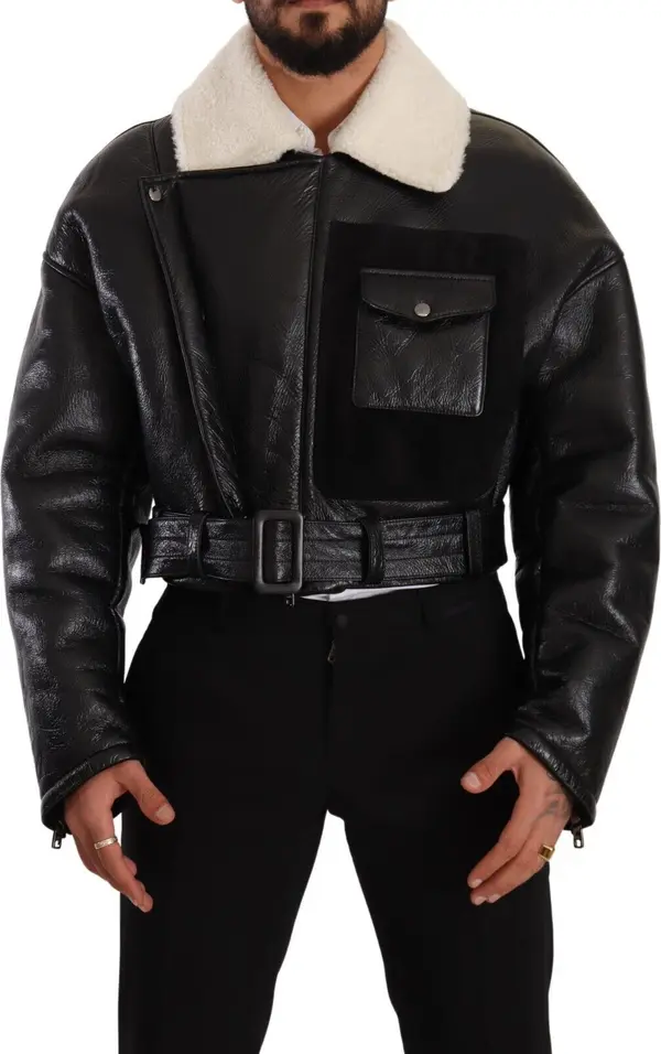Black Leather Shearling Biker Coat Jacket
