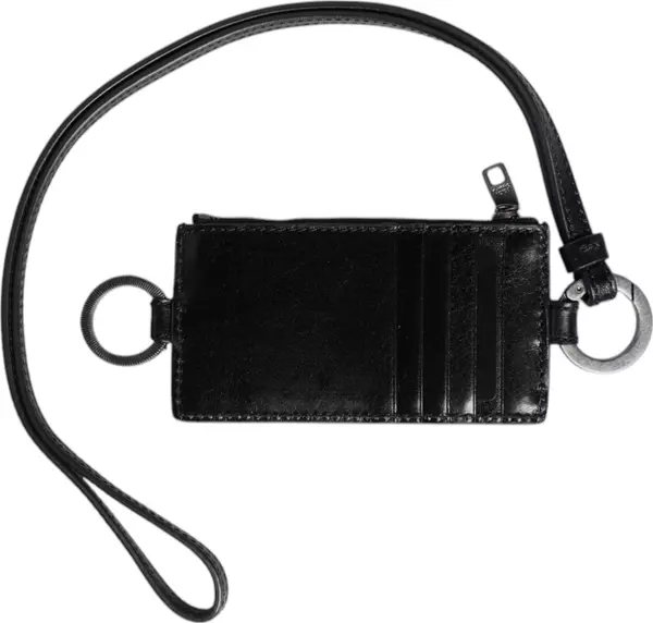 Black Leather Logo Embossed Lanyard Card Holder Wallet