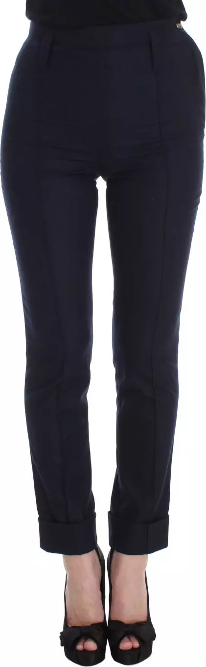Blue Virgin Wool Slim Fit Casual Pants