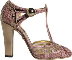 Pink Gold Leather Pumps T-strap Sandals Shoes