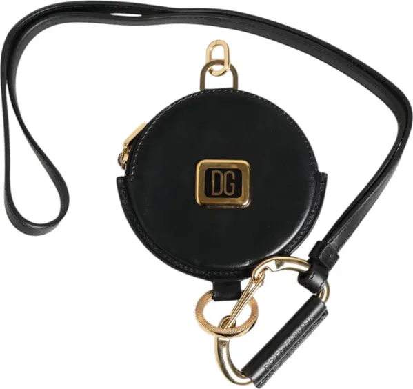 Black Round Leather DG Logo Coin Purse Lanyard Wallet