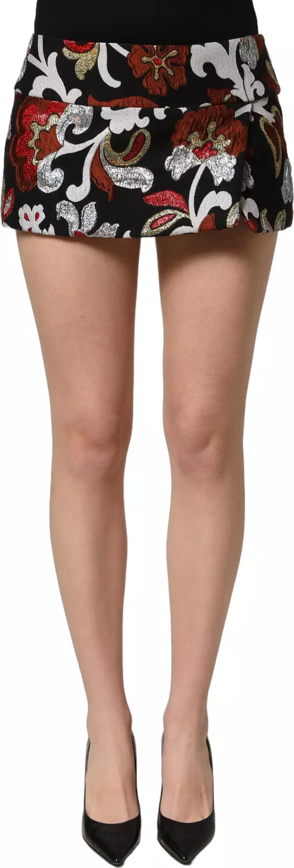Black Floral Jacquard Mid Waist Mini Skirt