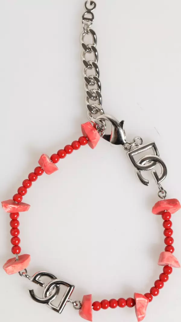Silver Tone Brass Beaded Resin DG Logo Chain Men Bracelet