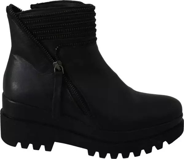 Black Leather Zipper Ankle Boots Shoes