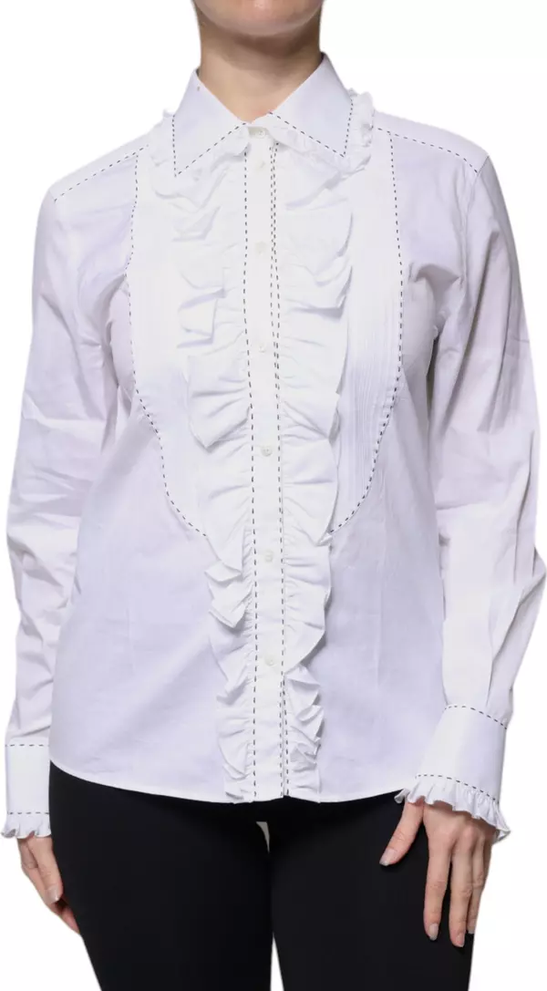 White Cotton Long Sleeves Ruffle Collar Top