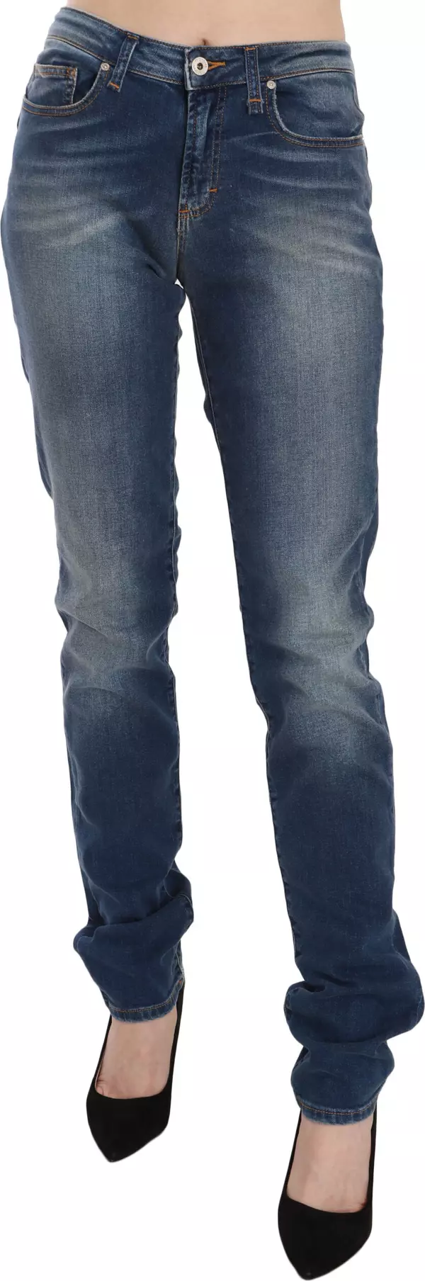 Blue Washed Mid Waist Slim Fit Denim Jeans