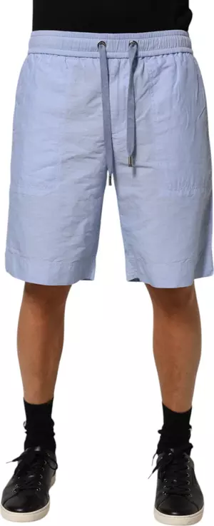 Light Blue Linen Mid Waist Men Bermuda Shorts