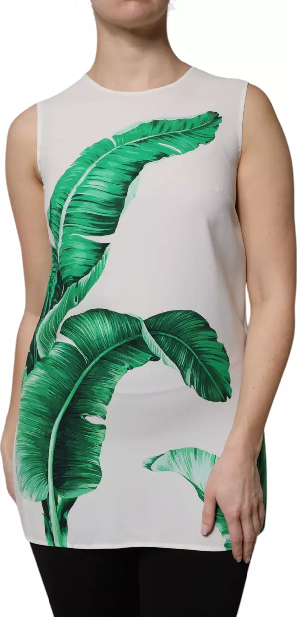 White Banana Leaf Print Round Neck Tank Top