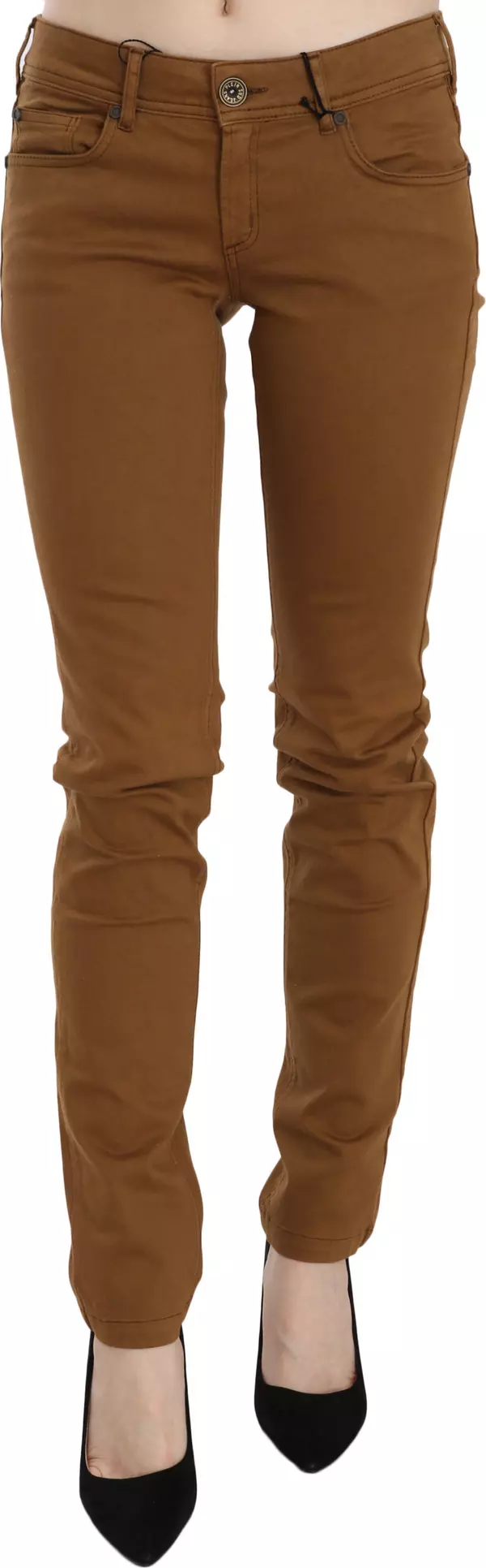 Brown Cotton Mid Waist Skinny Slim Fit Denim Jeans