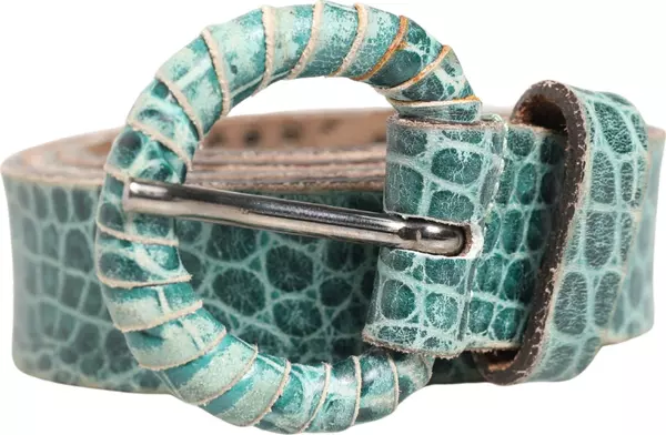 Women Green Leather Croco Print Studded Belt