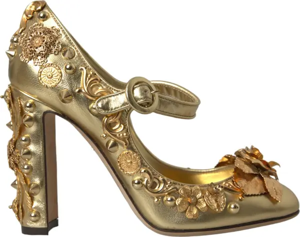 Gold Leather Crystal Mary Janes Pumps Shoes
