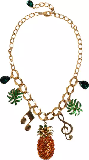 Gold Tone Brass Chain Pineapple Crystal Musical Necklace