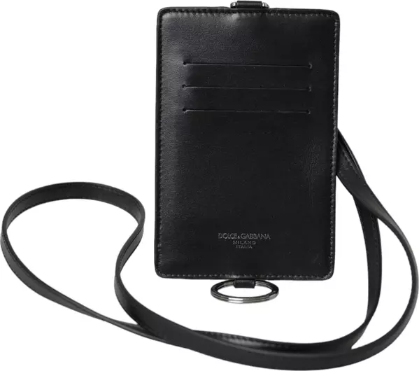 Black Calf Leather Lanyard Logo Card Holder Men Wallet