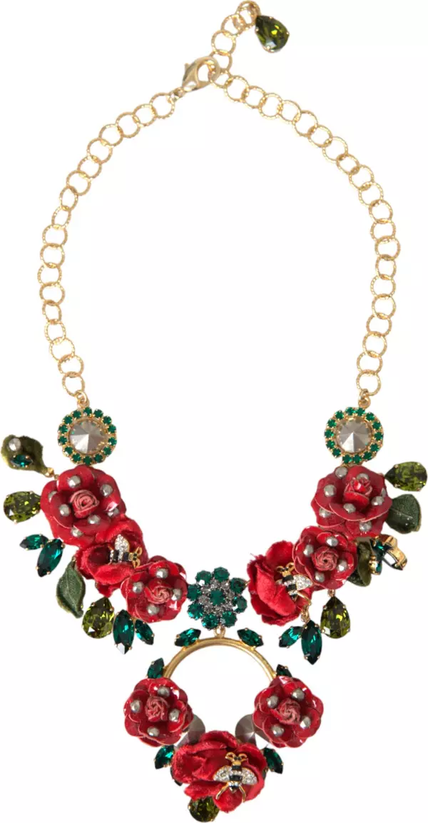 Gold Brass Link Chain RosePetal Crystal Pendant Necklace