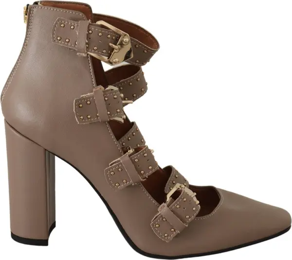 Brown Leather Block Heels Multi Buckle Pumps Shoes