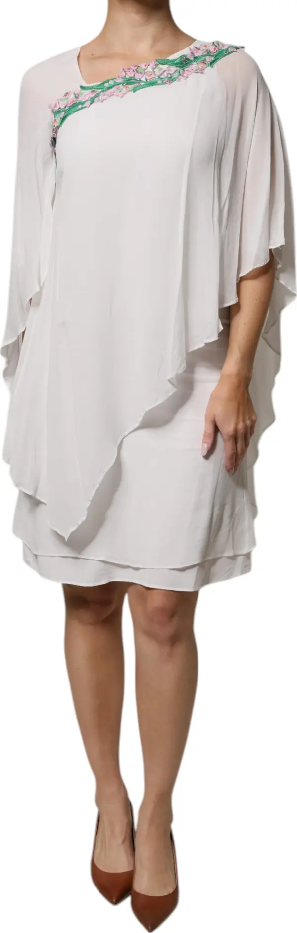 White Floral Embroidery Viscose Chiffon Shift Dress