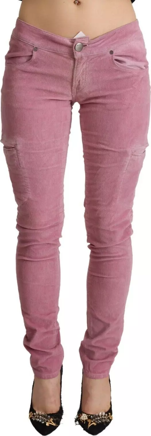 Pink Cotton Low Waist Skinny Denim Cargo Jeans