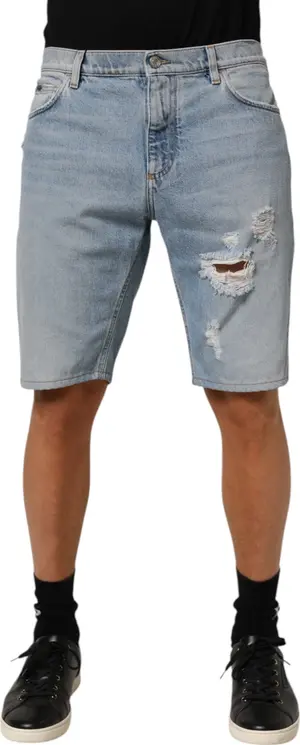 Blue Cotton Distressed Denim Bermuda  Shorts