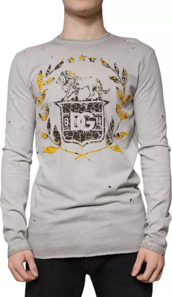 Gray Printed Cotton Crewneck Pullover Sweater