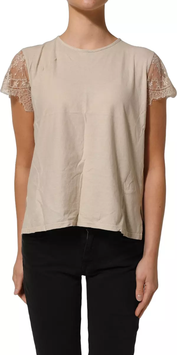 Beige Cotton Lace Detailing Round Neck Top